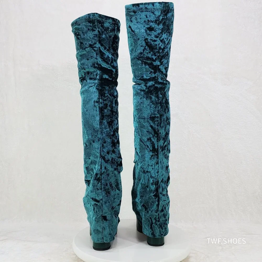 Good Will Unique Thigh High Emerald Velvet Fold over Chunky Heel Platform Boots - Picture 11 of 15